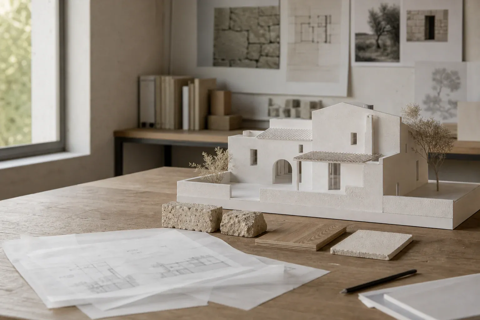 Maqueta arquitectònica, plànols i materials damunt una taula de treball